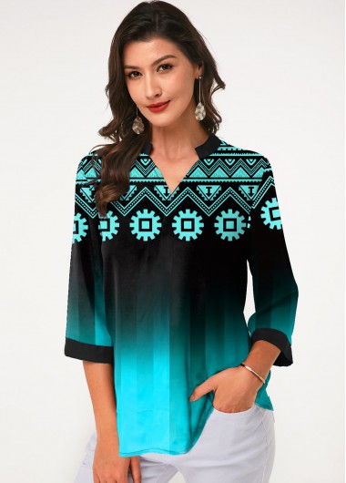 Split Neck Three Quarter Sleeve Tribal Print Blouse