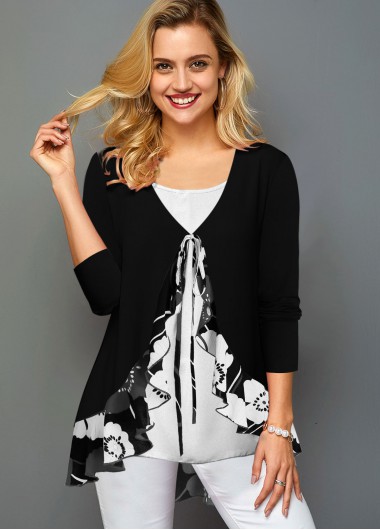 Printed Ruffle Trim Faux Two Piece T Shirt