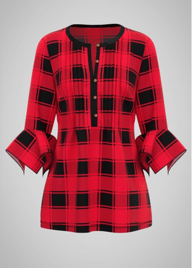 Hanky Cuff Round Neck Plaid Print Blouse