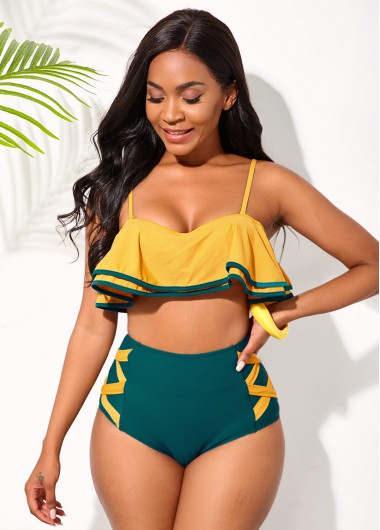 High Waisted Ruffle Hem Spaghetti Strap Bikini Set