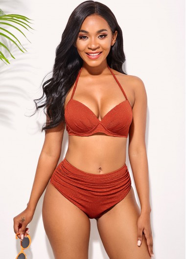 Ruched Mid Waist Halter Bikini Set