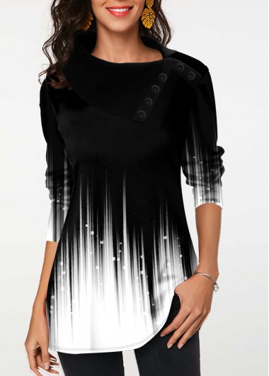 Ombre Decorative Button White Asymmetrical Neck T Shirt