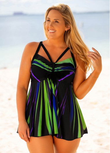 Printed Bowknot Plus Size Swimdress and Panty