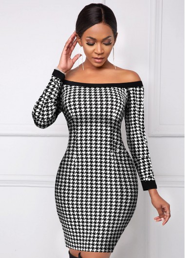 Long Sleeve Houndstooth Print Boat Neck Dress