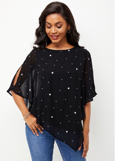 Slit Sleeve Polka Dot Mesh Stitching T Shirt