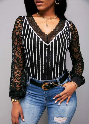 Long Sleeve Lace Panel V Neck Striped T Shirt