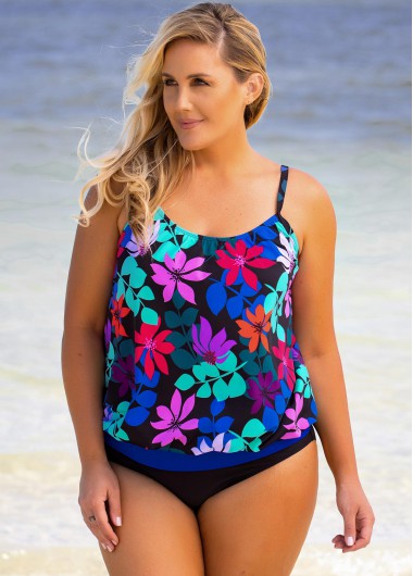 Spaghetti Strap Plus Size Floral Print Tankini Top