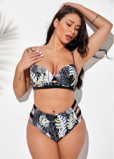 Ladder Cutout Leaf Print High Waist Bikini Set