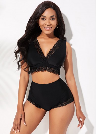 High Waist Lace Stitching Wide Strap Bikini Set