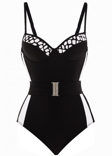ROTITA Spaghetti Strap Contrast Belted One Piece Swimwear