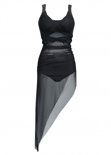 ROTITA Asymmetric Hem Mesh Ruched Swimdress and Panty