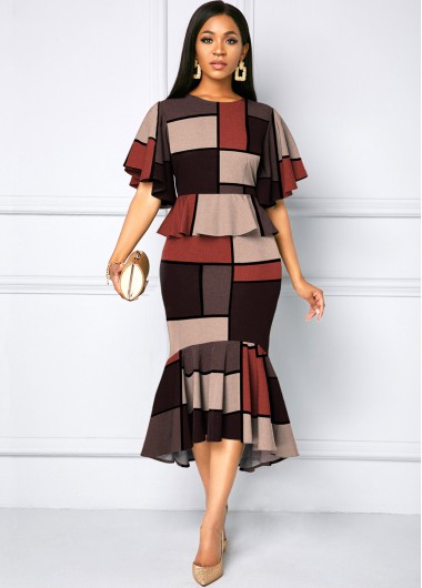 Plaid Butterfly Sleeve Contrast Mermaid Dress