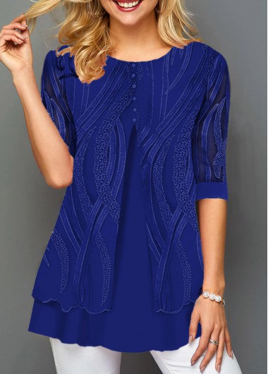 Lace Panel Round Neck Layered Hem T Shirt