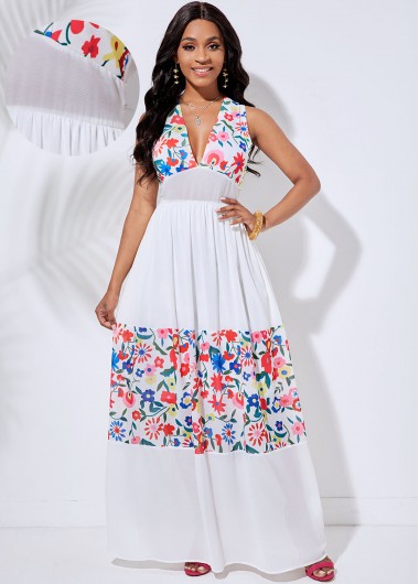 Cutout Back V Neck Floral Print Dress