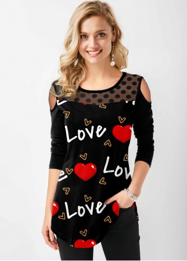 Letter Polka Dot Heart Print Cold Shoulder T Shirt