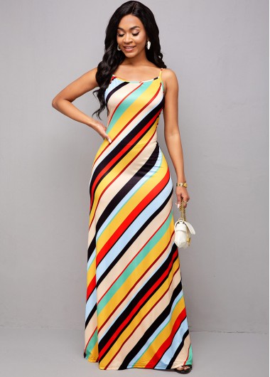 Rainbow Stripe Spaghetti Strap Maxi Dress