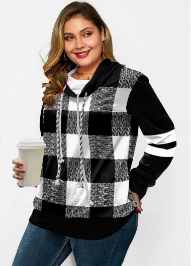 Plus Size Plaid Long Sleeve Drawstring Sweatshirt
