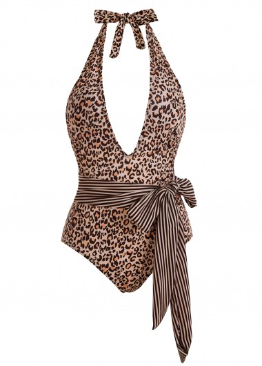 ROTITA Halter Leopard Print Belted One Piece Swimwear