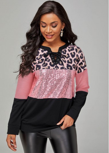 Lace Up Leopard Sequin Panel Sweatshirt