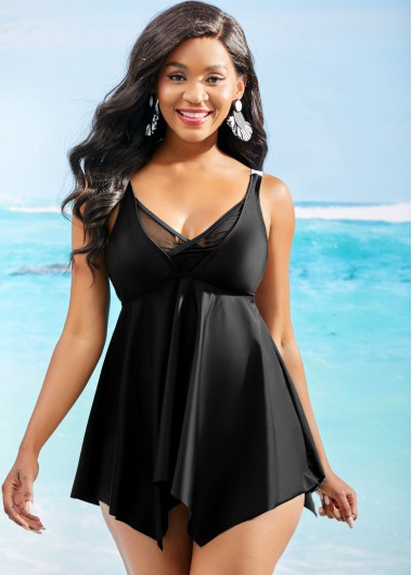 Mesh Stitching Asymmetric Hem Spaghetti Strap Swimdress