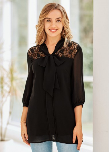 ROTITA Lace Stitching 3/4 Sleeve Tie Neck Blouse