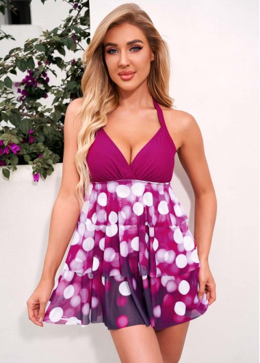 Layered Mesh Halter Polka Dot Swimdress and Panty