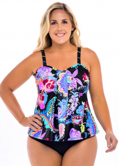 Floral Print Spaghetti Strap Plus Size Tankini Set