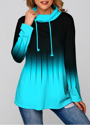 Ombre Cyan Cowl Neck Regular Sleeve Sweatshirt