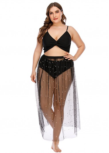 Plus Size Mesh Beaded Twist Front Bikini Set
