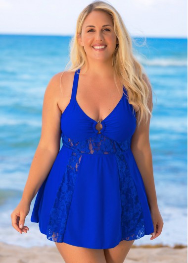 Cross Strap Plus Size Lace Stitching Swimdress and Shorts