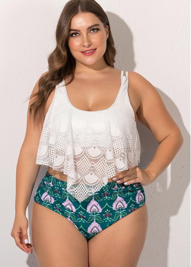 Lace Stitching Floral Print Plus Size Bikini Set