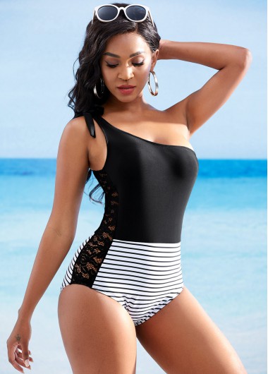 ROTITA Striped Lace Stitching Tie Shoulder One Piece Swimwear