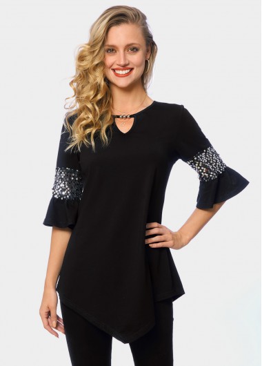 Sequin Keyhole Neckline Asymmetric Hem T Shirt