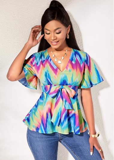 Short Sleeve V Neck Bowknot Blouse