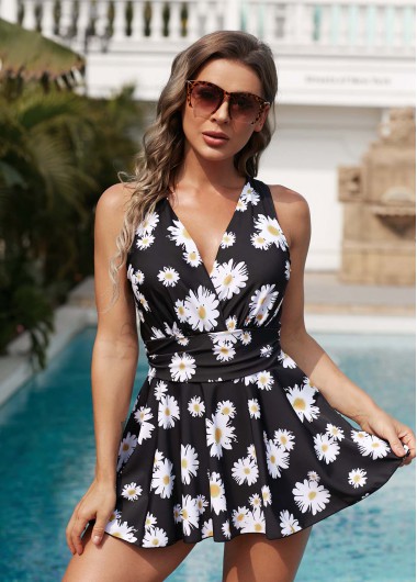 Daisy Print Cage Back Swimdress and Shorts
