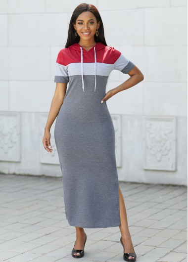 Hooded Collar Contrast Drawstring Maxi Dress