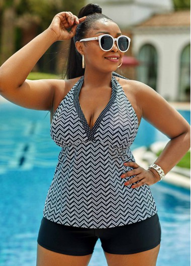 High Waisted Lace Up Plus Size Geometric Tankini Set