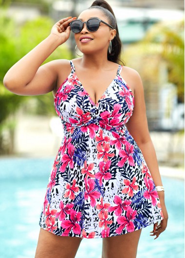 Plus Size Floral Print Spaghetti Strap Swimdress and Panty