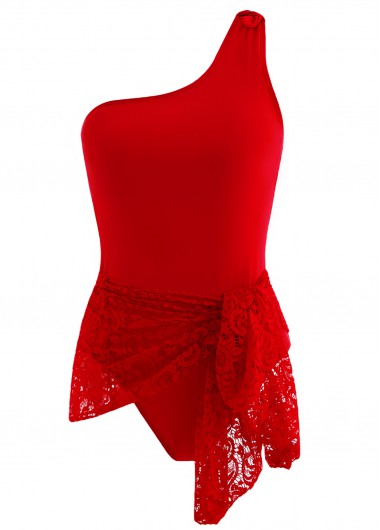 ROTITA Tie Front Lace Stitching One Piece Swimdress