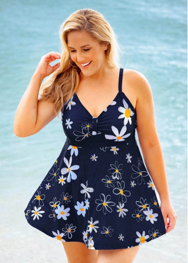 Plus Size Floral Print Spaghetti Strap Swimdress and Panty