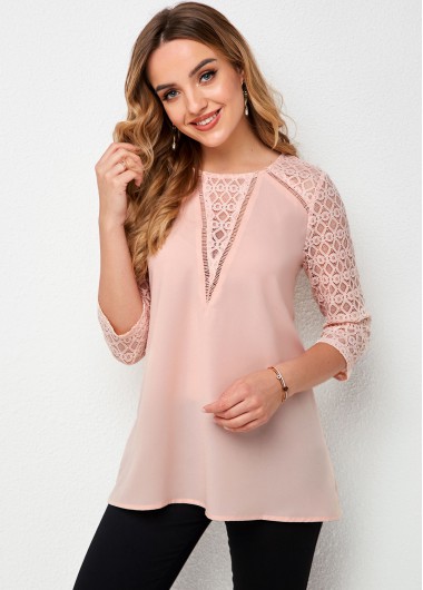 ROTITA Round Neck Lace Stitching 3/4 Sleeve T Shirt