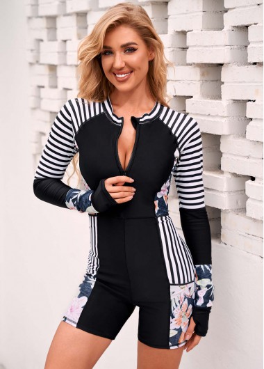 Stripe and Floral Print Quarter Zip One Piece Swimwear