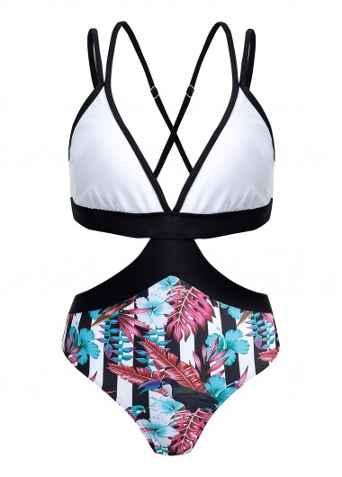 ROTITA Cross Strap Floral Print Contrast One Piece Swimwear