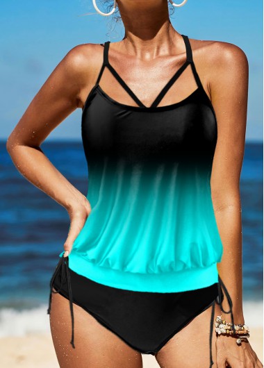Tie Side Gradient Criss Cross Back Tankini Set