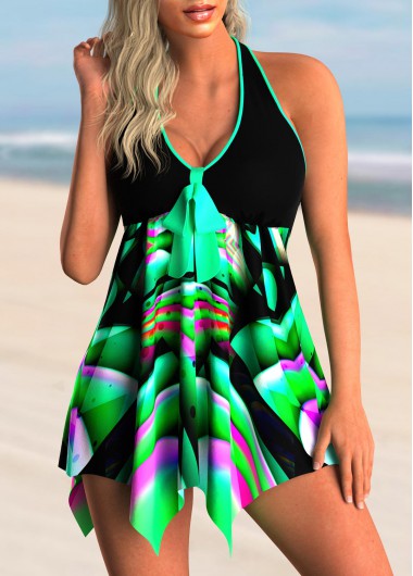 Printed Halter Asymmetric Hem Bowknot Swimdress and Panty