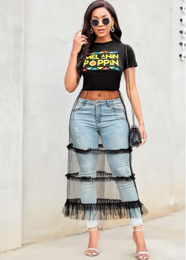 Round Neck Mesh Stitching Letter Print T Shirt