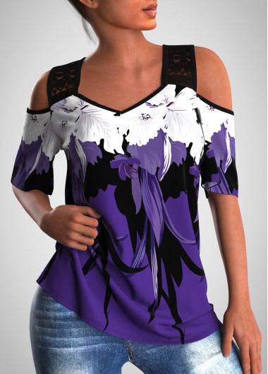 Lace Stitching Floral Print Cold Shoulder T Shirt