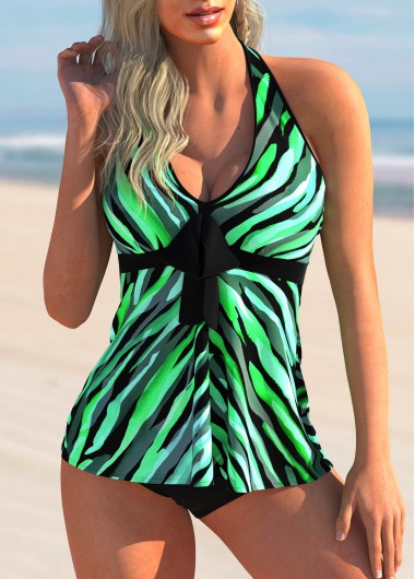 Halter Printed Bowknot Front Tankini Set