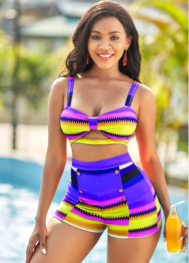 High Waisted Colorful Geometric Print Bikini Set
