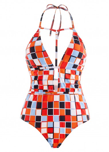ROTITA Halter Geometric Print Cutout One Piece Swimwear